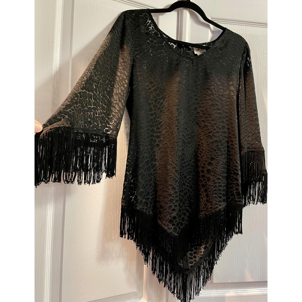 Ariat Blouse Womens Small Black Animal Print Fringe 3/4 Sleeve Tunic Western Top